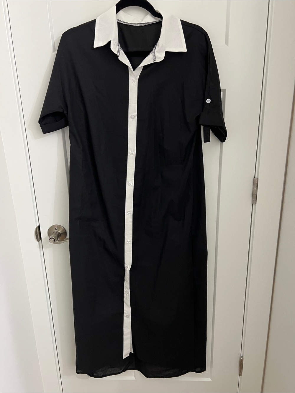 Black Button-Front Shirt Dress with White Trim